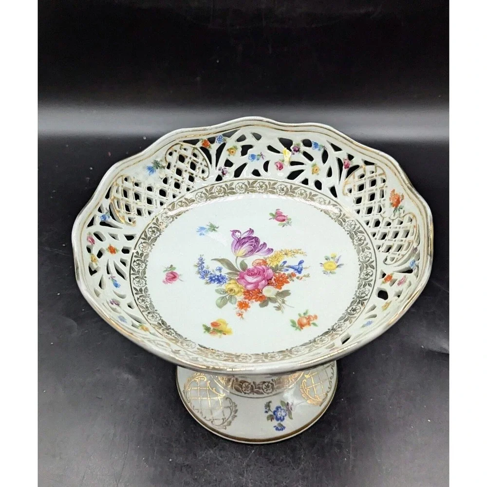 Schumann Dresden Hand Painted Round Floral Compote Pedestal Reticulated Bowl